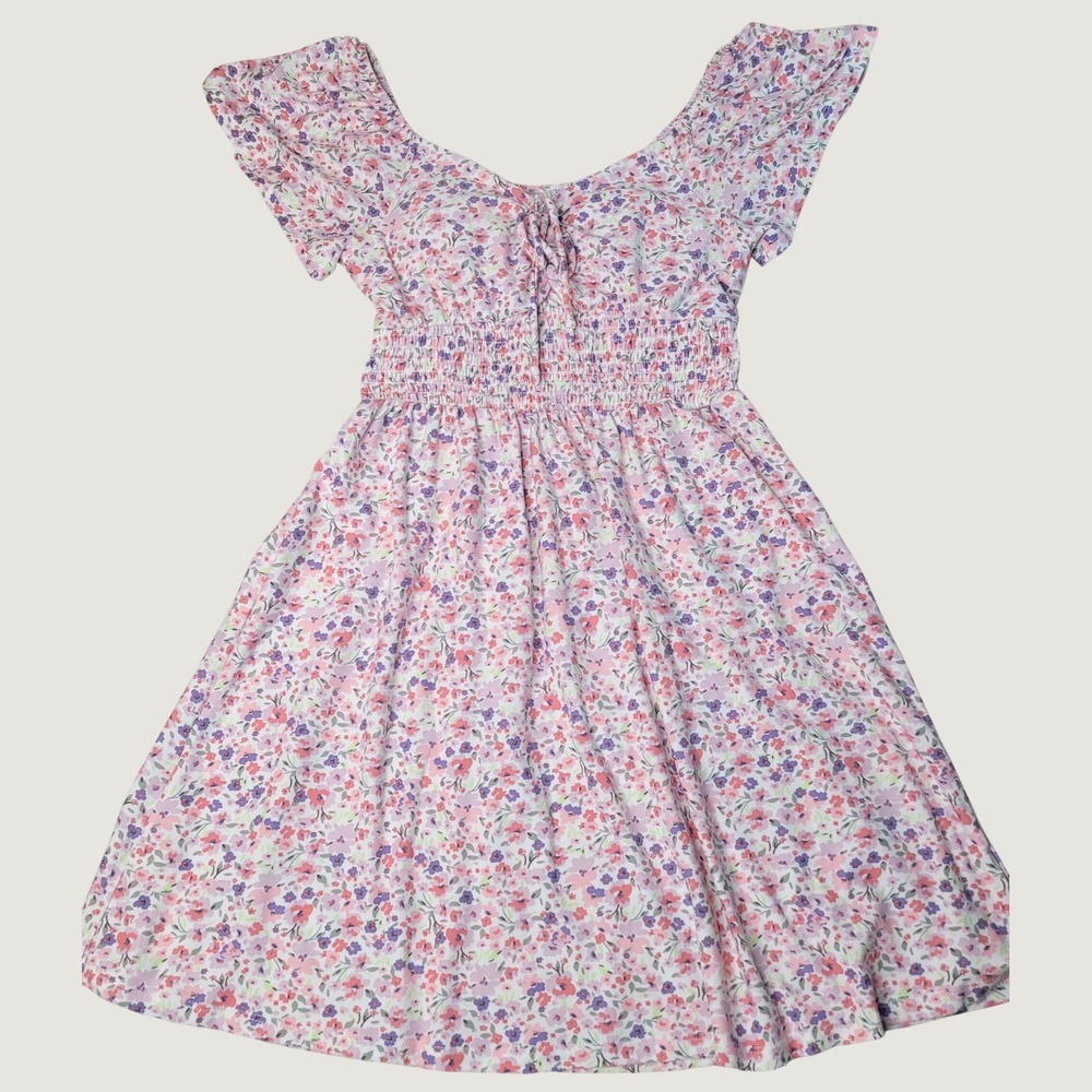 No Boundaries Floral Mini Dress Pink Purple Smocked Waist Flutter‎ Sleeve XS Y2K